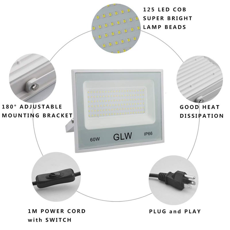 GLW LED Flood Lights 60W 3 Pack, 6000lm Super Bright Floodlight IP66 Waterproof Outdoor Security Work Light with Plug, 6000K Daylight White Light for Garden Backyard Playground Yard Garage - Image 2